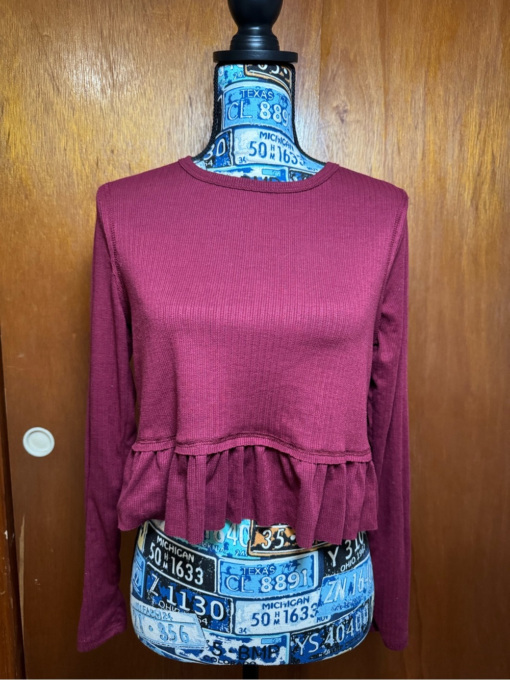 Altar'd State Wine Ruffle-Hem Long Sleeve Top